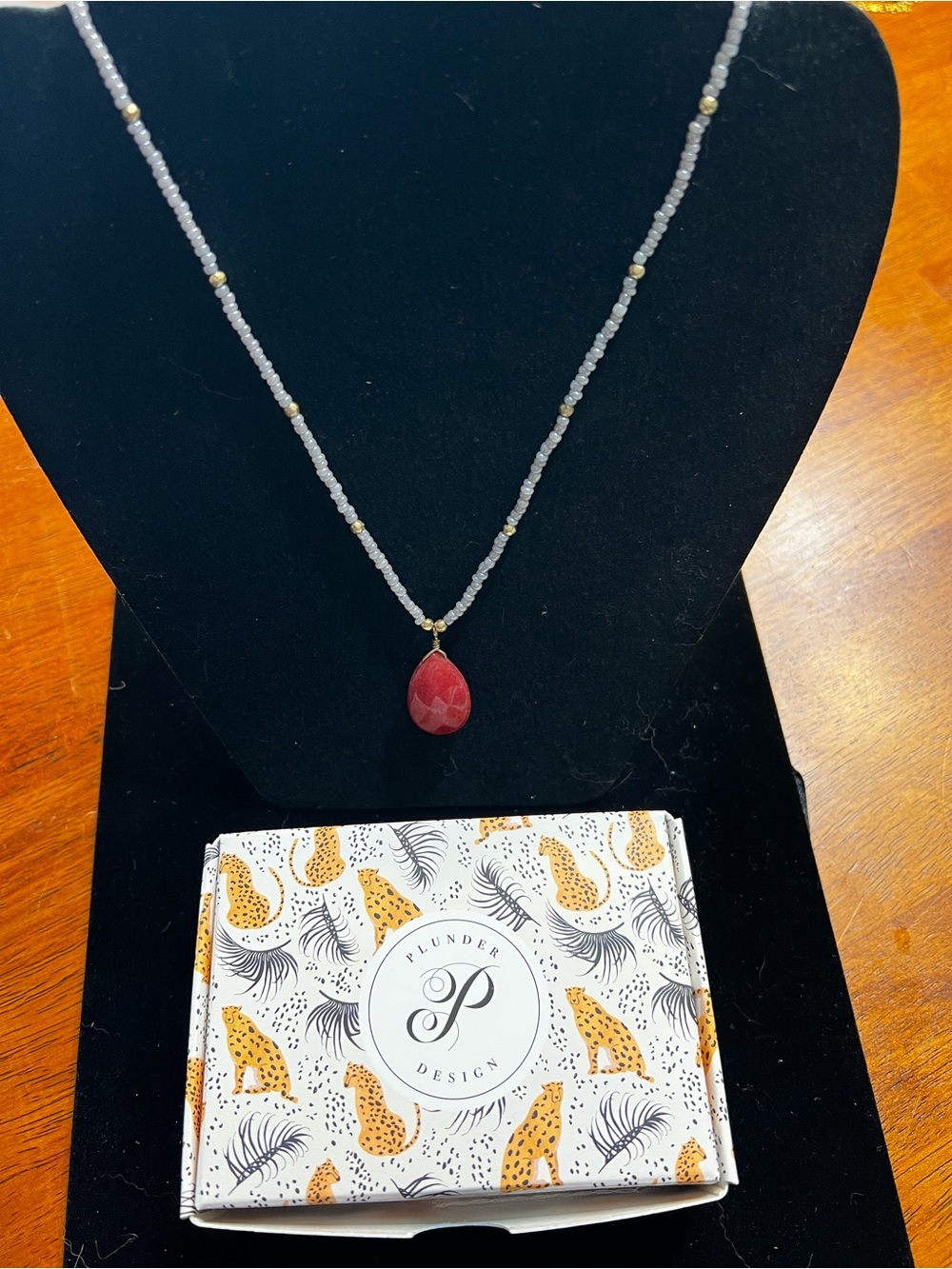 Plunder Gray Beaded Necklace with Red Teardrop
